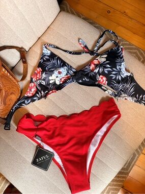 Zaful Floral Black & Red Two-Piece Bikini Set